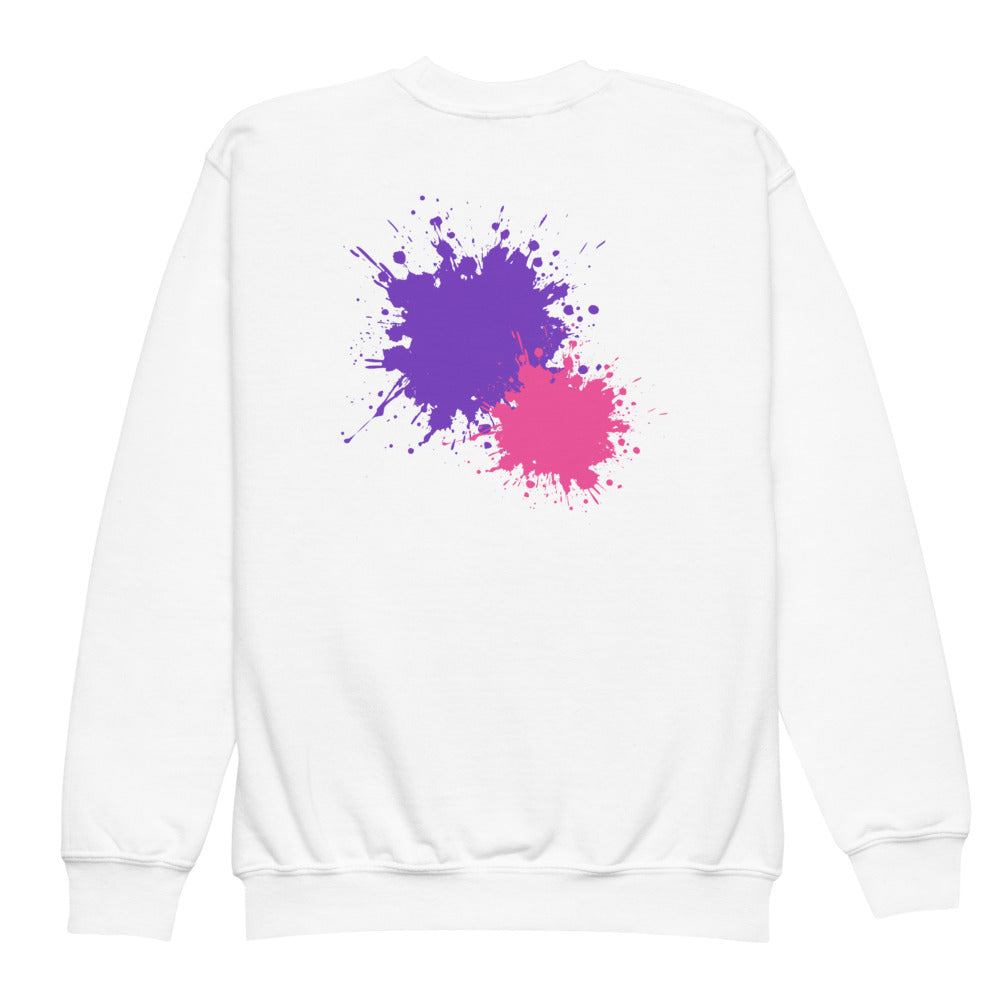 White SMUDGE youth sweatshirt with the Purple and Pink Back Pair design, back view laid flat