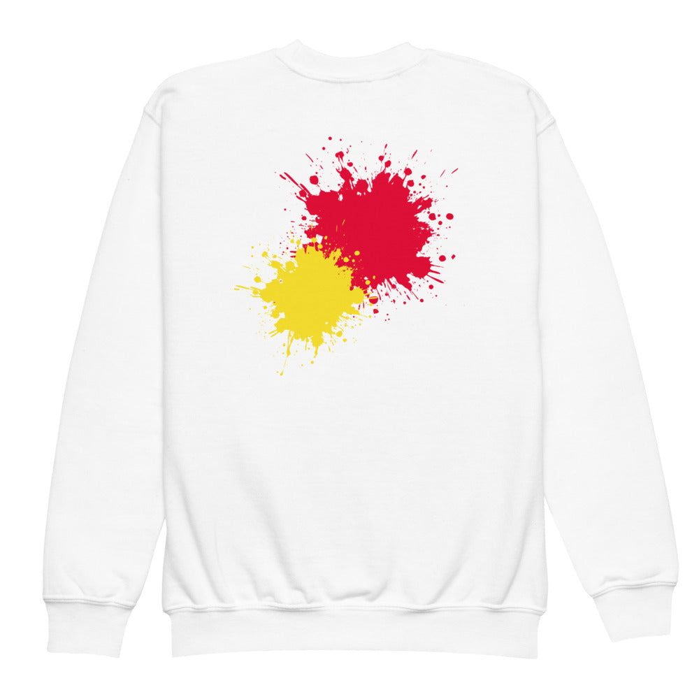 White SMUDGE youth sweatshirt with the Red and Yellow Back Pair design, back view laid flat