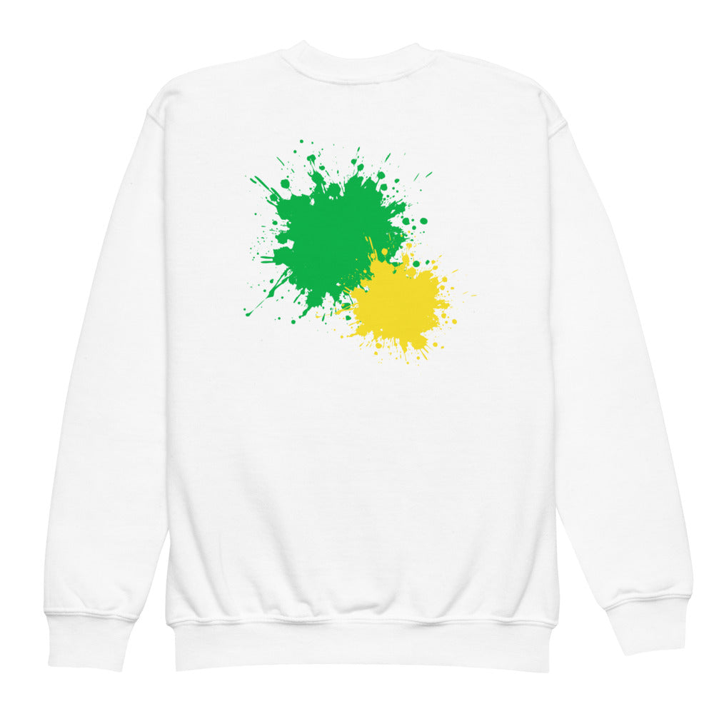 White SMUDGE youth sweatshirt with the Green and Yellow Back Pair design, back view laid flat
