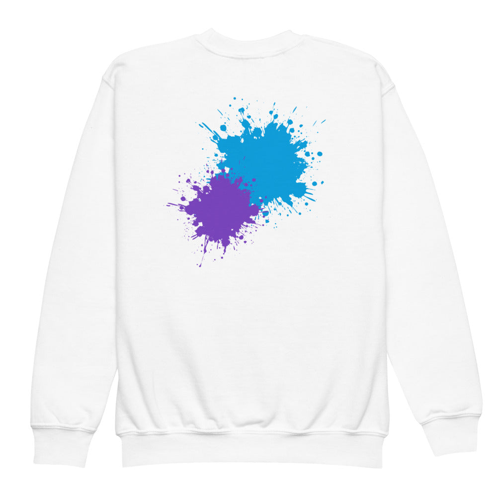White SMUDGE youth sweatshirt with the Cyan and Purple Back Pair design, back view laid flat