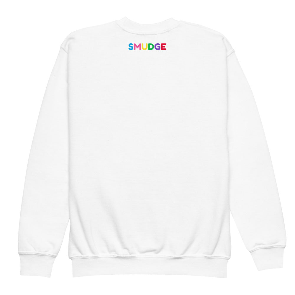 White SMUDGE youth sweatshirt with the Back Neck Wordmark design, back view laid flat