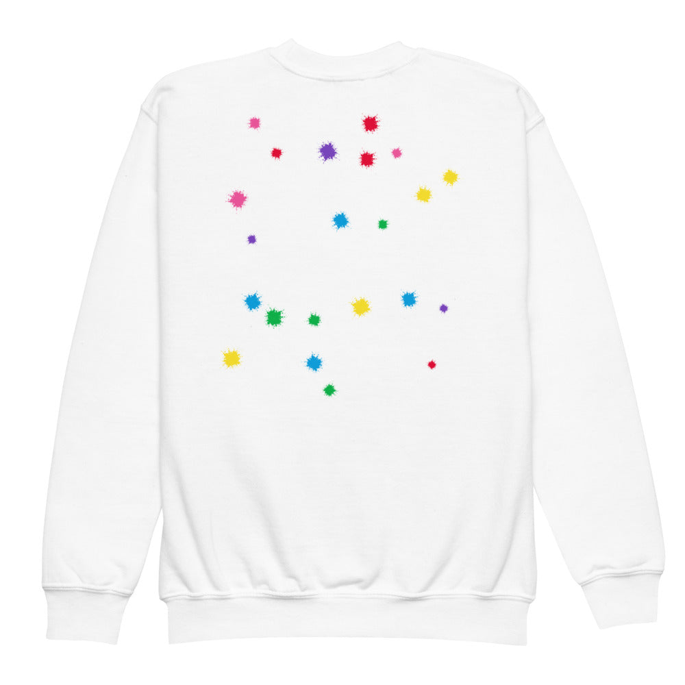 White SMUDGE youth sweatshirt with the Back Scatter design, back view laid flat
