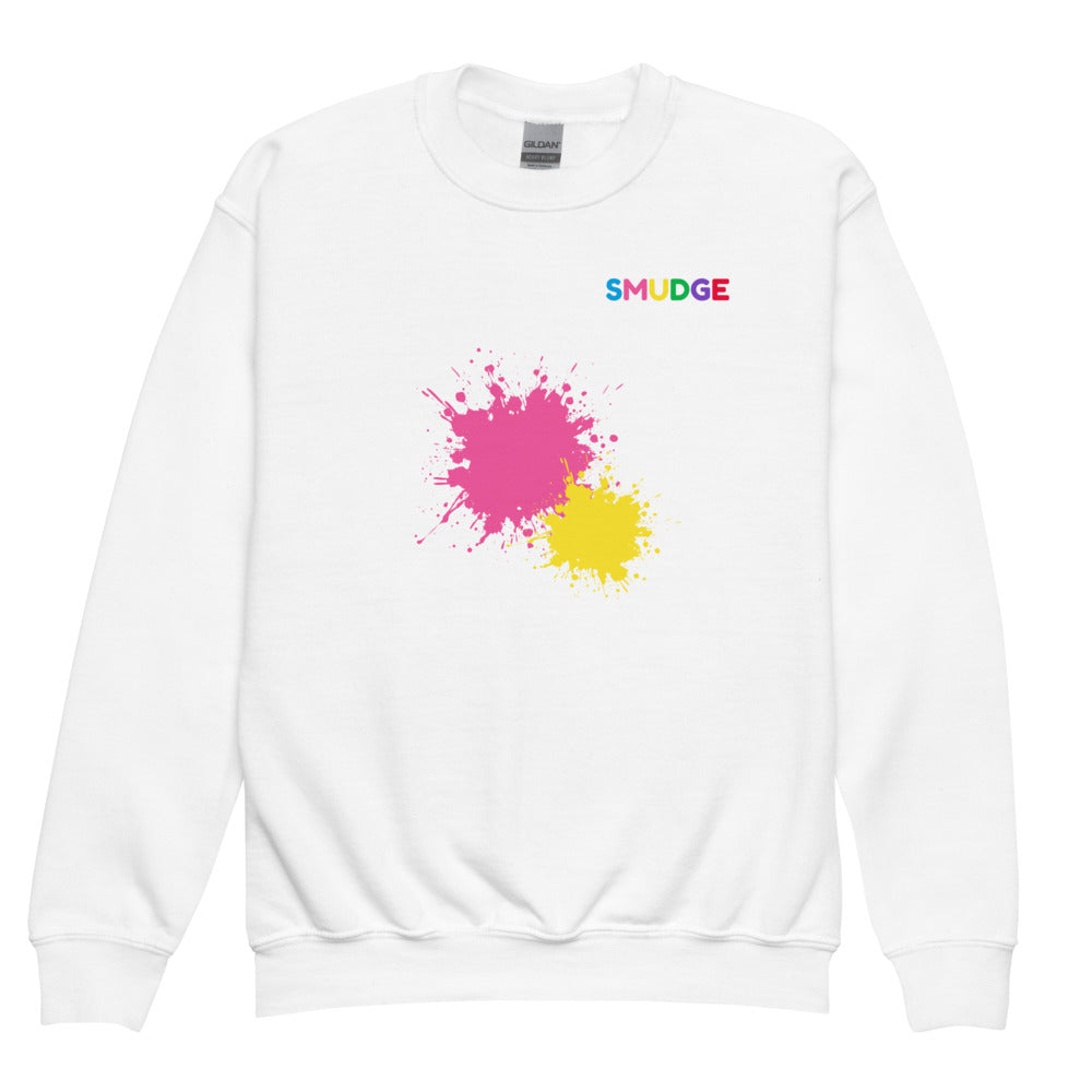 White SMUDGE youth sweatshirt with the Pink and Yellow Front Pair design, front view laid flat