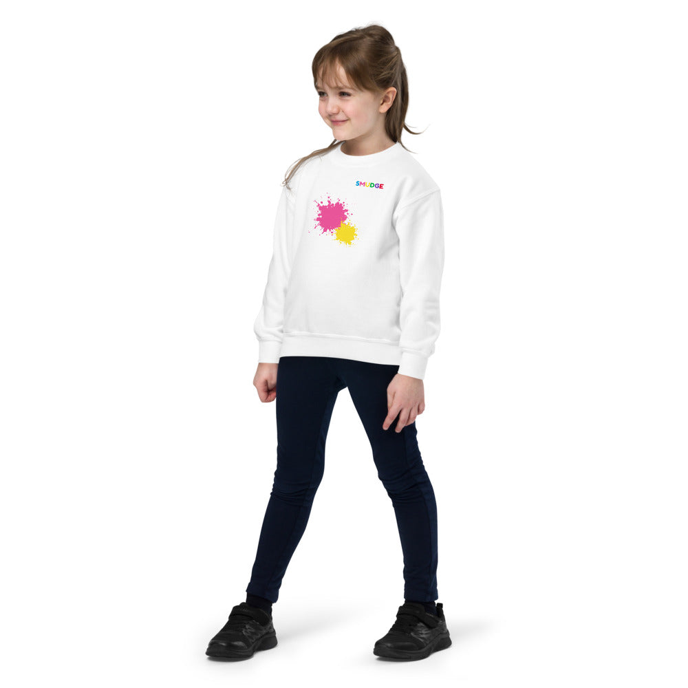 Child wearing a white SMUDGE youth sweatshirt with the Pink and Yellow Front Pair design, front view
