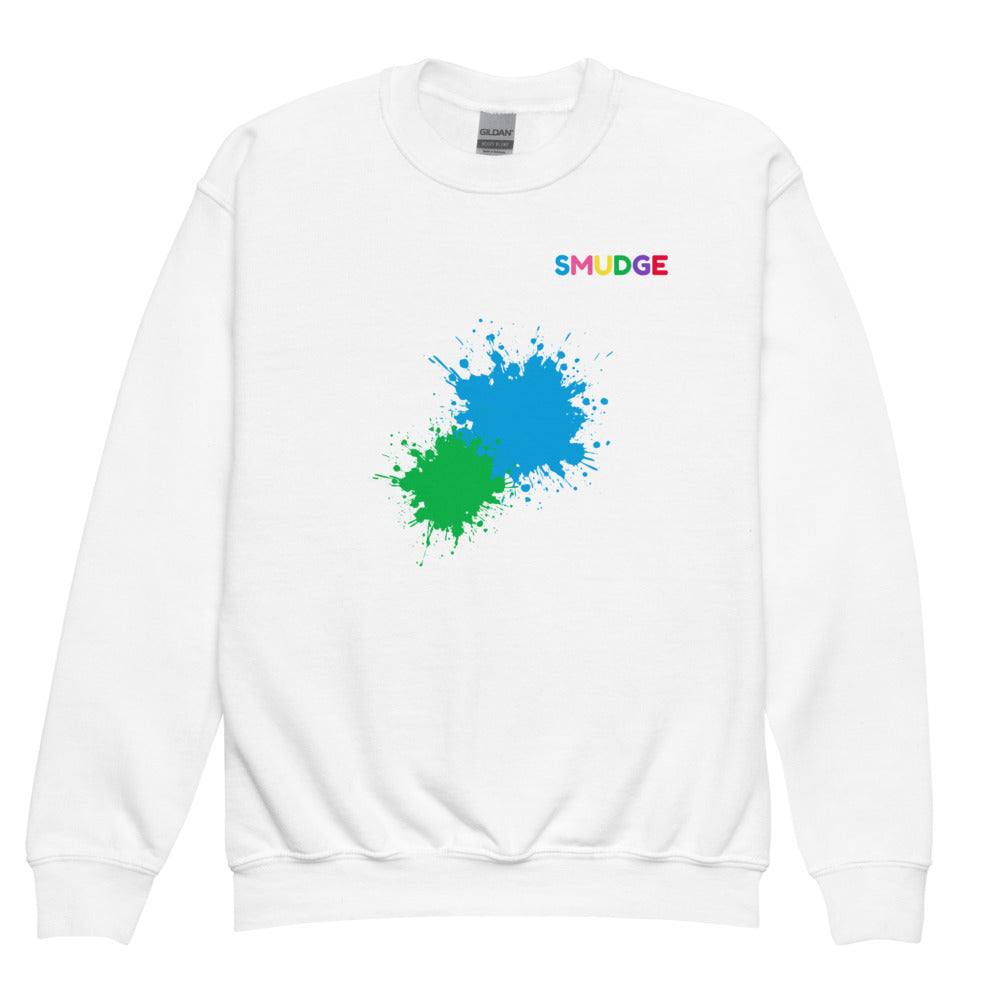White SMUDGE youth sweatshirt with the Cyan and Green Front Pair design, front view laid flat