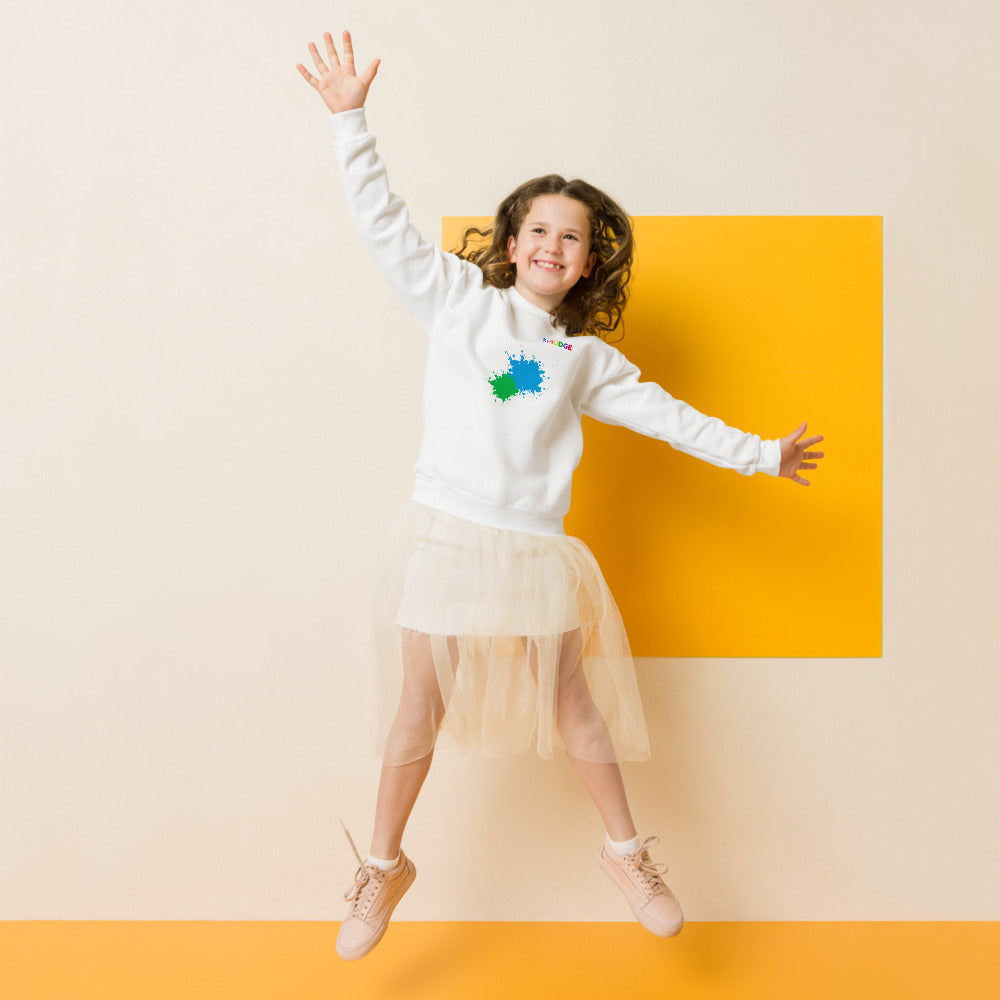 Child wearing a white SMUDGE youth sweatshirt with the Cyan and Green Front Pair design, front view, studio backdrop
