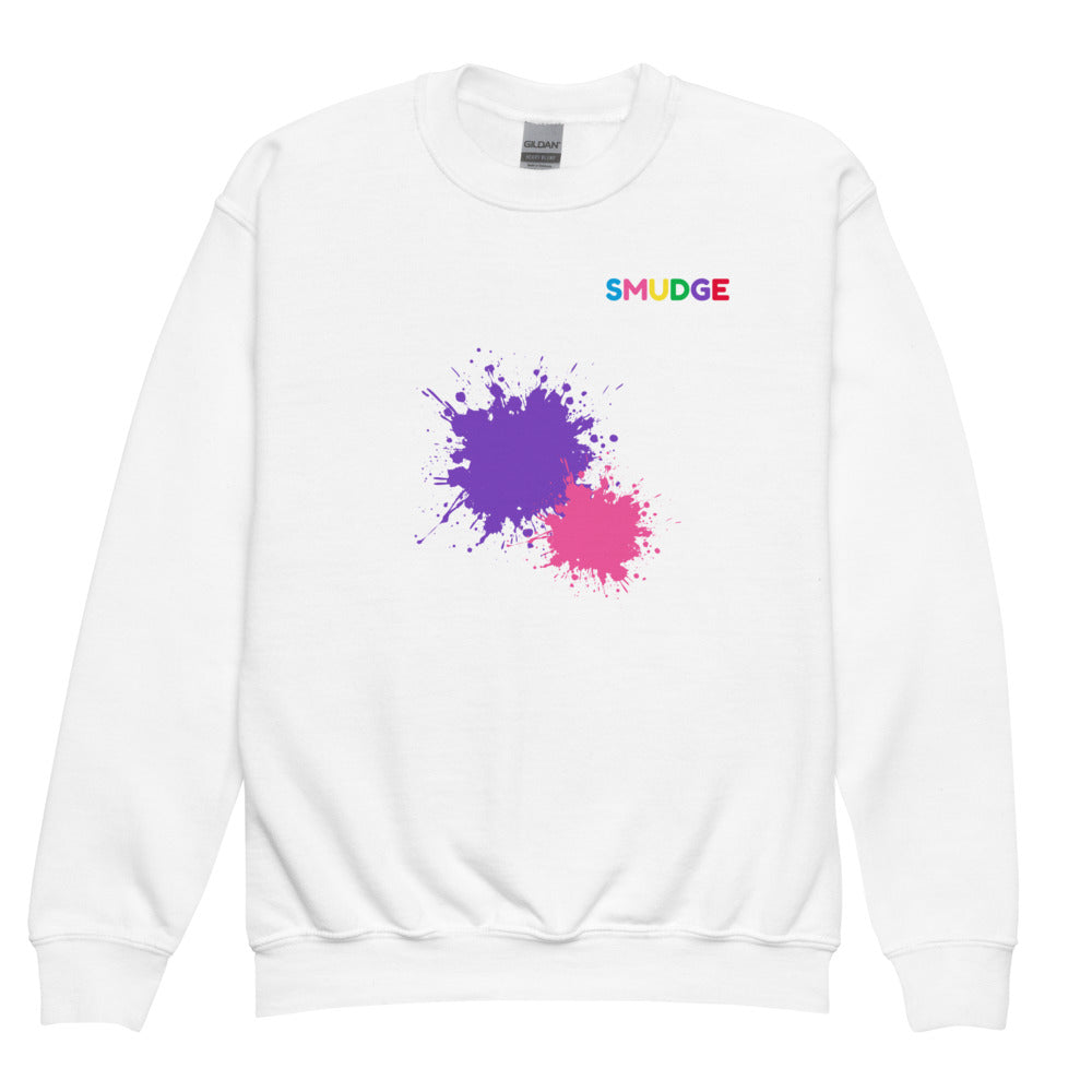 White SMUDGE youth sweatshirt with the Purple and Pink Front Pair design, front view laid flat