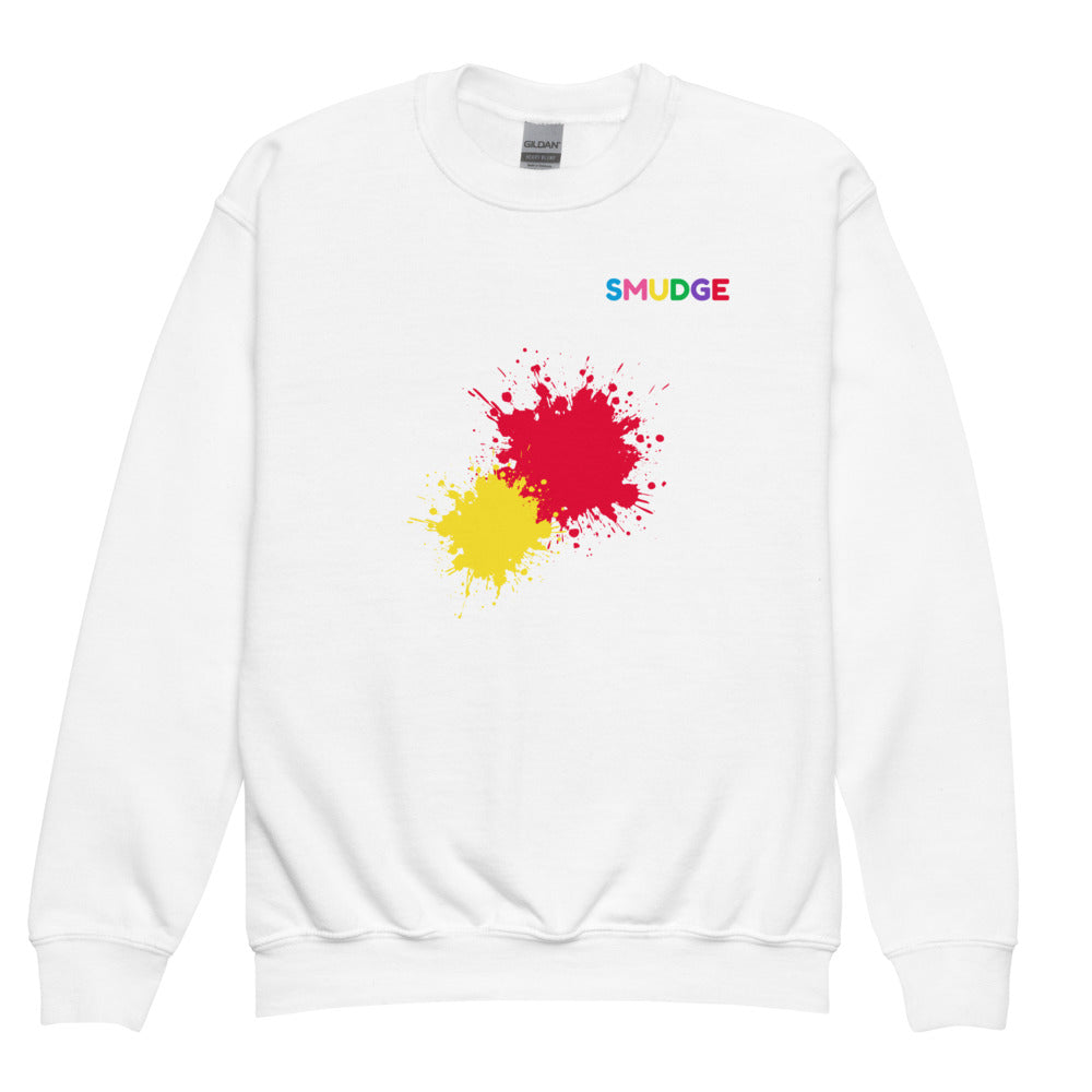 White SMUDGE youth sweatshirt with the Red and Yellow Front Pair design, front view laid flat