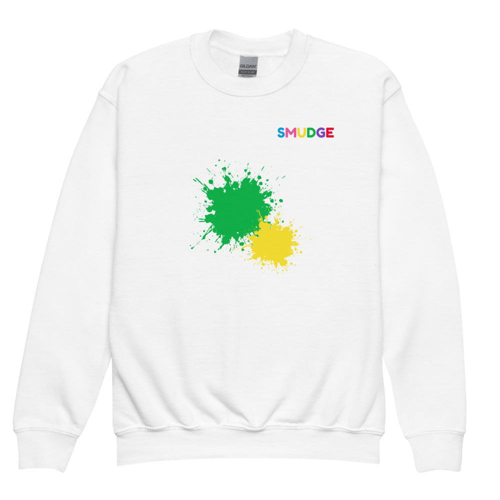 White SMUDGE youth sweatshirt with the Green and Yellow Front Pair design, front view laid flat