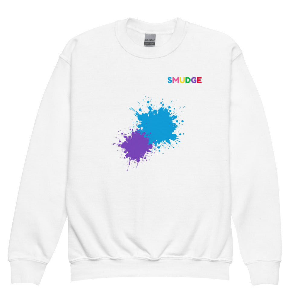White SMUDGE youth sweatshirt with the Cyan and Purple Front Pair design, front view laid flat