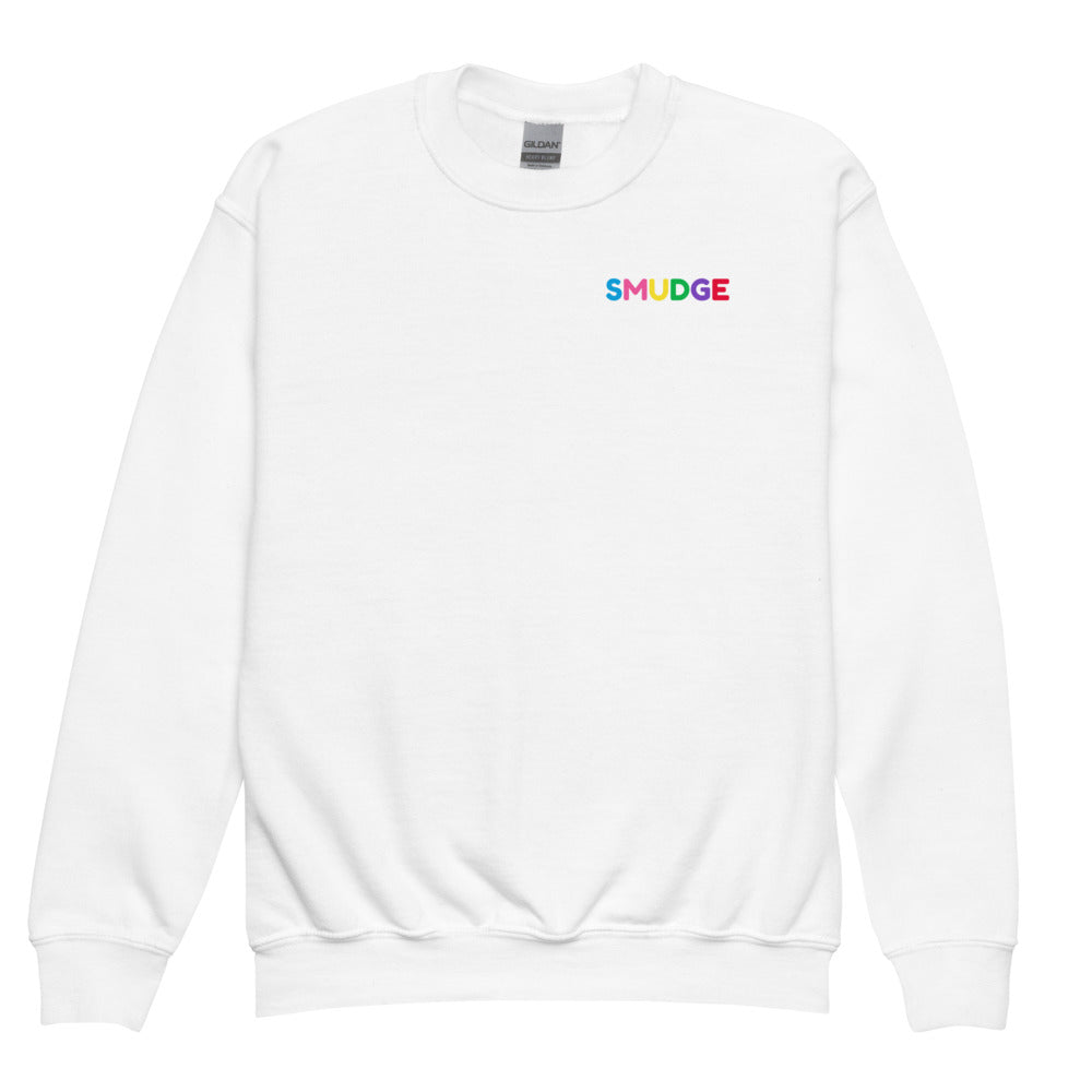 White SMUDGE youth sweatshirt with the Green and Yellow Back Pair design, front view laid flat