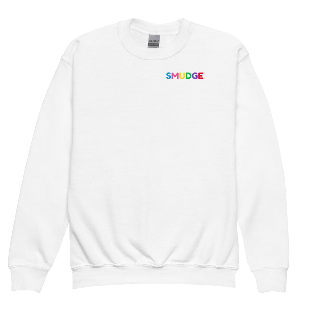 White SMUDGE youth sweatshirt with the Classic Left Chest design, front view laid flat