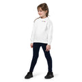 Child wearing a white SMUDGE youth sweatshirt with the Classic Left Chest design, front view
