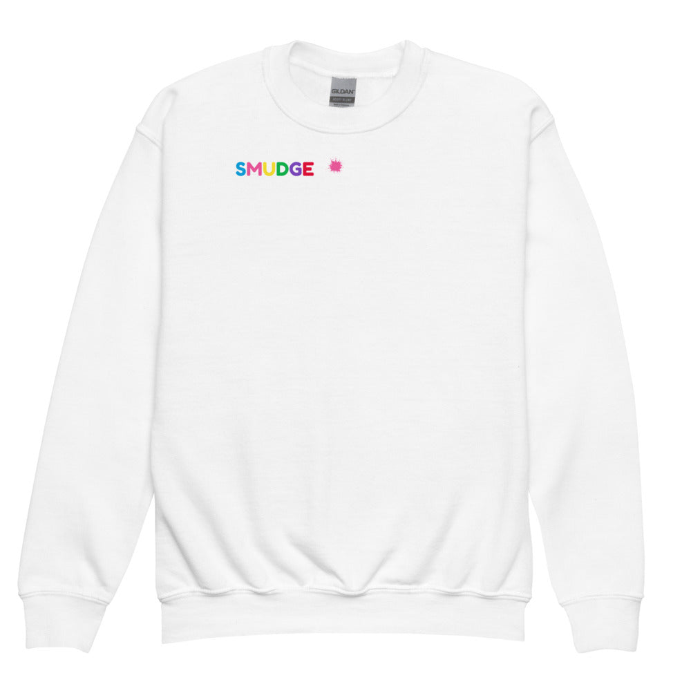 White SMUDGE youth sweatshirt with the Right Chest and Dot design, front view laid flat