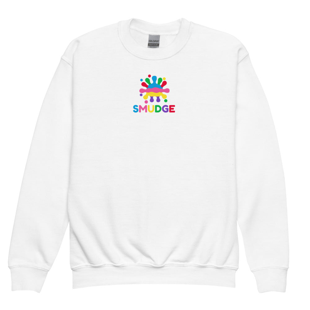 White SMUDGE youth sweatshirt with the Chest Lockup design, front view laid flat