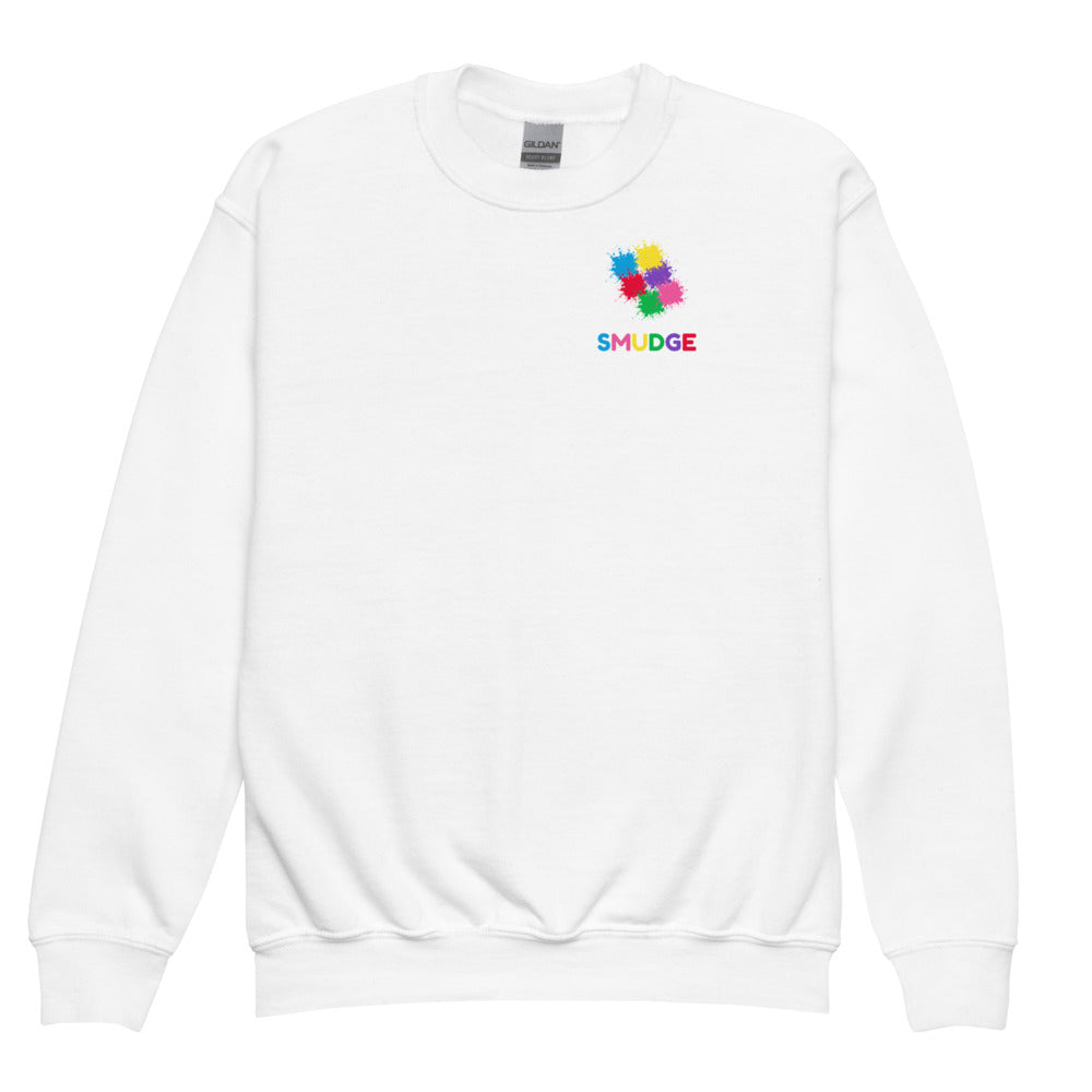 White SMUDGE youth sweatshirt with the Pocket Rainbow design, front view laid flat