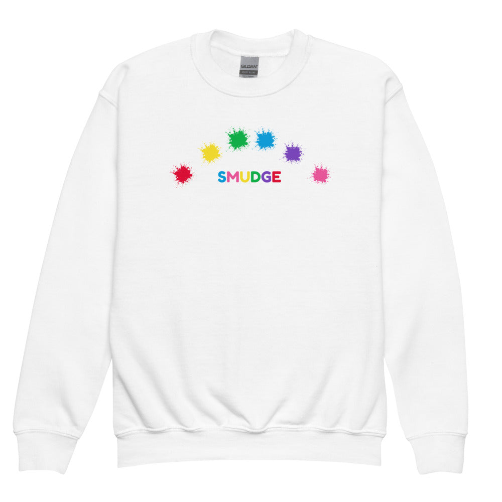 White SMUDGE youth sweatshirt with the Rainbow Arc design, front view laid flat