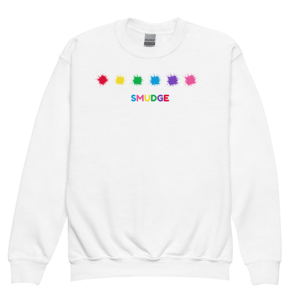White SMUDGE youth sweatshirt with the Paint Box Row design, front view laid flat