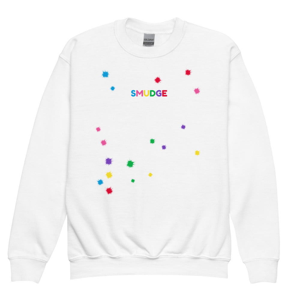 White SMUDGE youth sweatshirt with the Splash Scatter design, front view laid flat