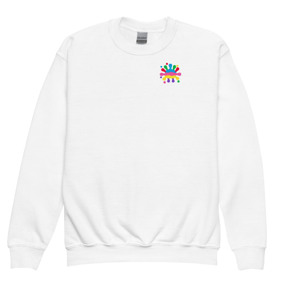 White SMUDGE youth sweatshirt with the Back Scatter design, front view laid flat