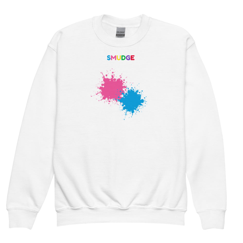 White SMUDGE youth sweatshirt with the Double Splash design, front view laid flat